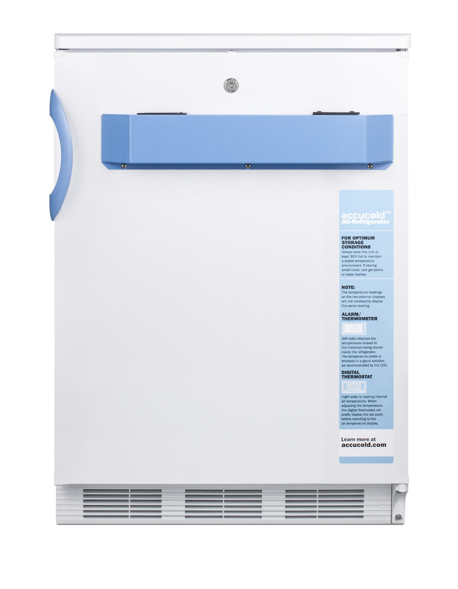 Built-in undercounter auto defrost medical/scientific all-refrigerator with front control panel equipped with a digital thermostat and NIST calibrated thermometer/alarm; includes front lock, hospital grade cord, and internal fan